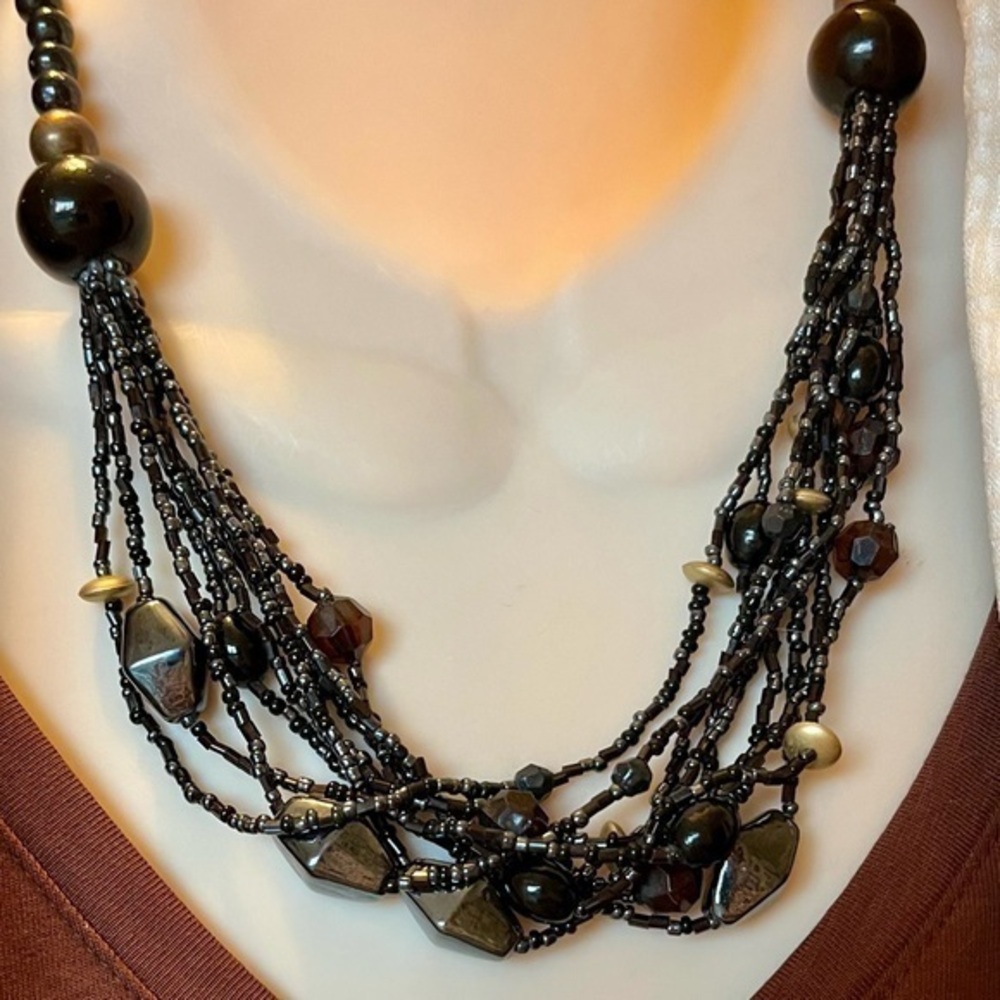 Multi Strand Black Beaded Necklace w Gold Colored Accents